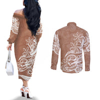 Polynesian Sunset Plumeria Couples Matching Off The Shoulder Long Sleeve Dress and Long Sleeve Button Shirts Pacific Island Tribal Nude Style LT9 - Polynesian Pride
