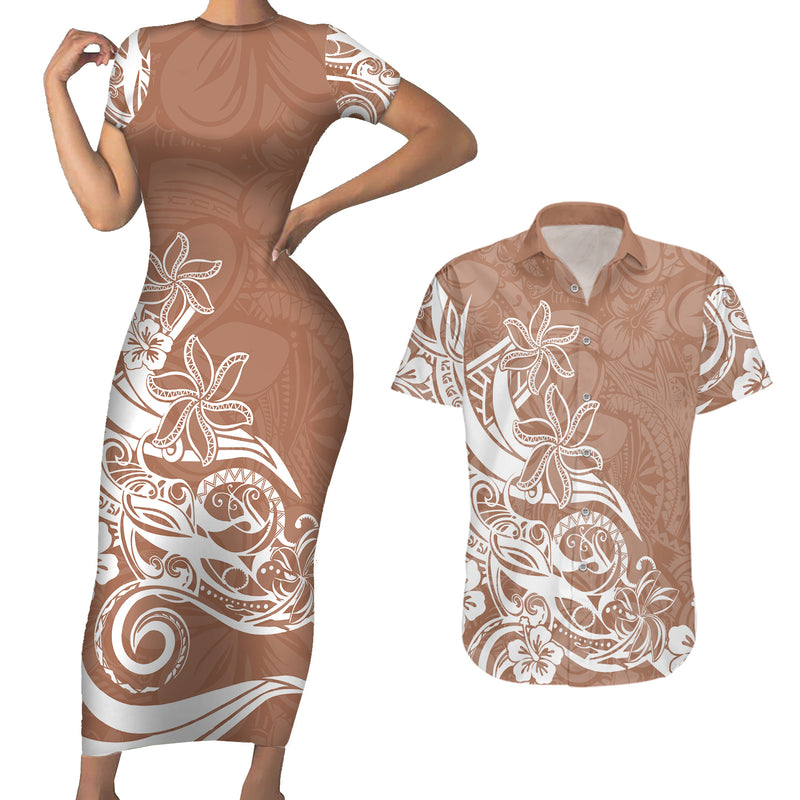Polynesian Sunset Plumeria Couples Matching Off The Shoulder Long Sleeve Dress and Hawaiian Shirt Pacific Island Tribal Green Style LT9 main image 1