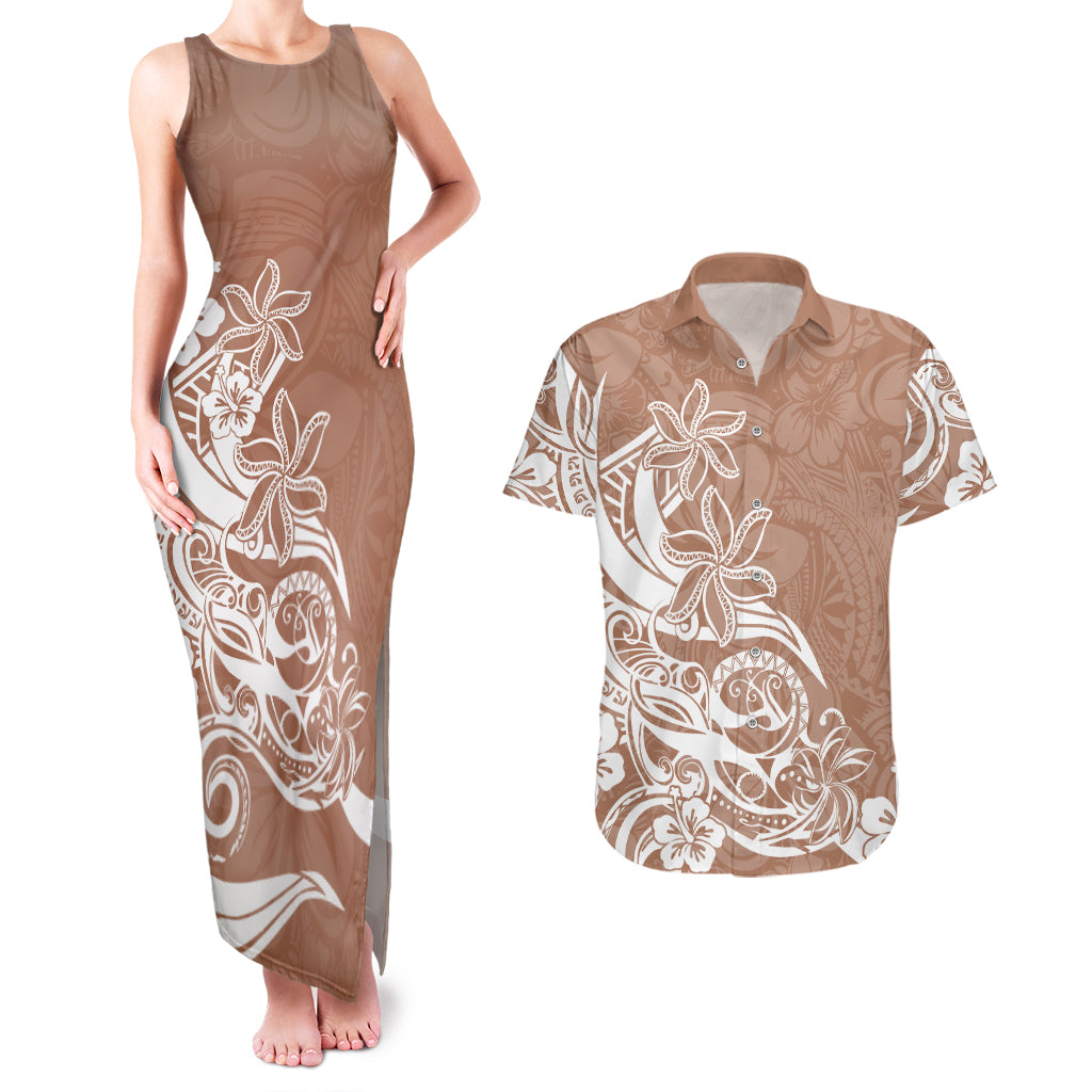 Polynesian Sunset Plumeria Couples Matching Tank Maxi Dress and Hawaiian Shirt Pacific Island Tribal Nude Style LT9 Nude - Polynesian Pride