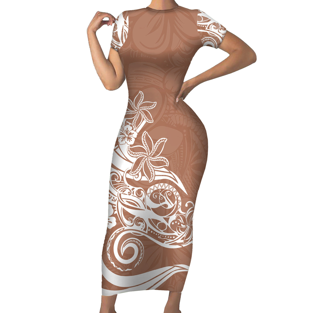 Polynesian Sunset Plumeria Short Sleeve Bodycon Dress Pacific Island Tribal Nude Style LT9 Long Dress Nude - Polynesian Pride