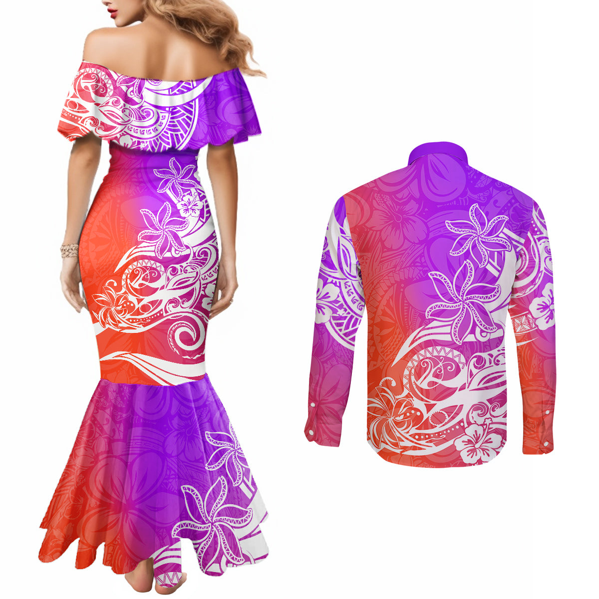 Polynesian Sunset Plumeria Couples Matching Mermaid Dress and Long Sleeve Button Shirts Pacific Island Tribal Purple Style LT9 - Polynesian Pride