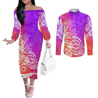 Polynesian Sunset Plumeria Couples Matching Off The Shoulder Long Sleeve Dress and Long Sleeve Button Shirts Pacific Island Tribal Purple Style LT9 Purple - Polynesian Pride