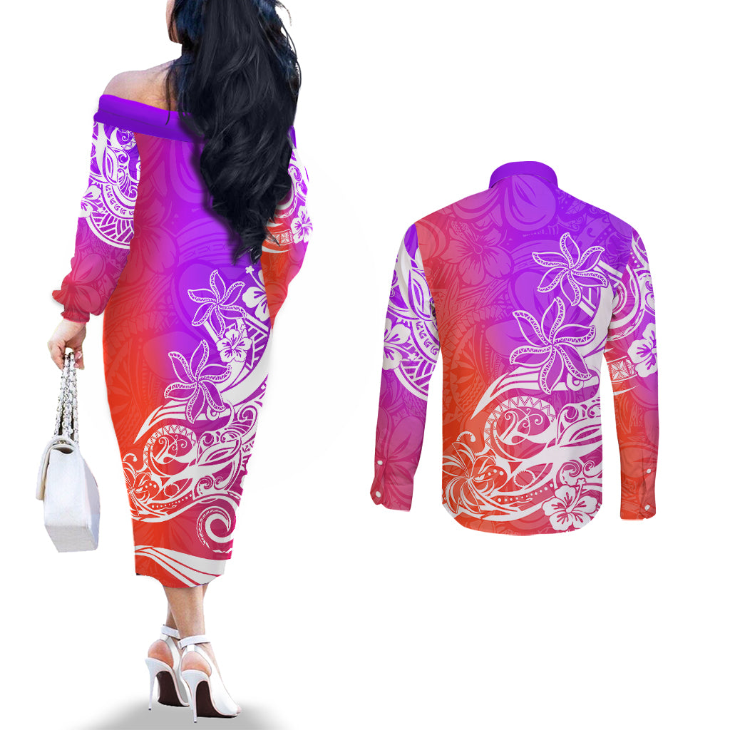 Polynesian Sunset Plumeria Couples Matching Off The Shoulder Long Sleeve Dress and Long Sleeve Button Shirts Pacific Island Tribal Purple Style LT9 - Polynesian Pride