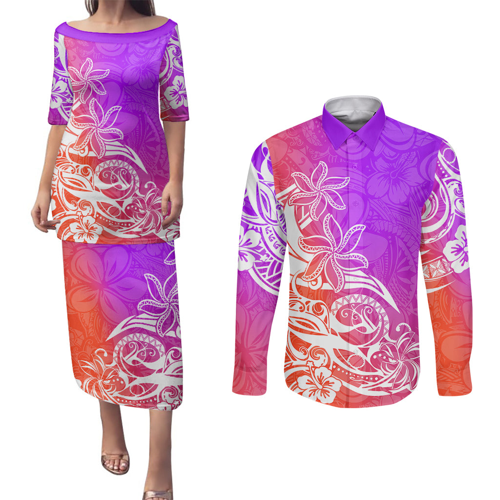 Polynesian Sunset Plumeria Couples Matching Puletasi Dress and Long Sleeve Button Shirts Pacific Island Tribal Purple Style LT9 Purple - Polynesian Pride