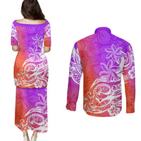 Polynesian Sunset Plumeria Couples Matching Puletasi Dress and Long Sleeve Button Shirts Pacific Island Tribal Purple Style LT9 - Polynesian Pride