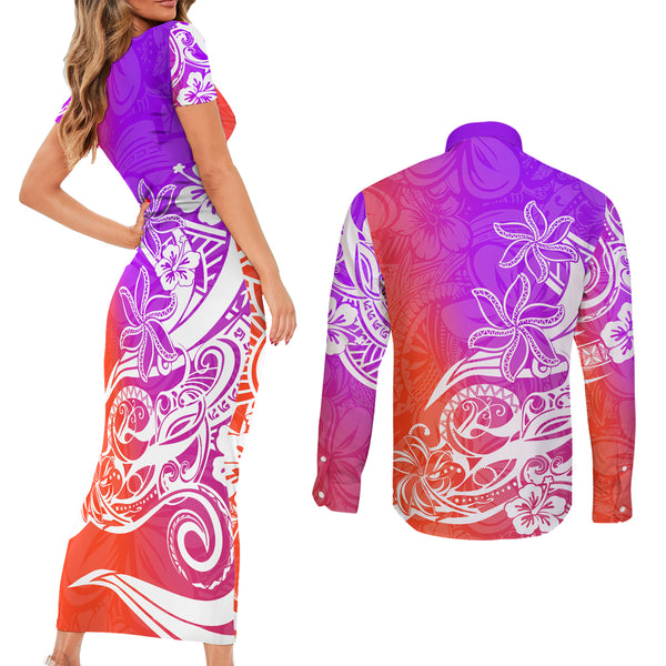Polynesian Sunset Plumeria Couples Matching Mermaid Dress and Long Sleeve Button Shirts Pacific Island Tribal Green Style LT9 main image 0