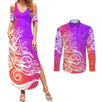 Polynesian Sunset Plumeria Couples Matching Summer Maxi Dress and Long Sleeve Button Shirts Pacific Island Tribal Purple Style LT9 Purple - Polynesian Pride