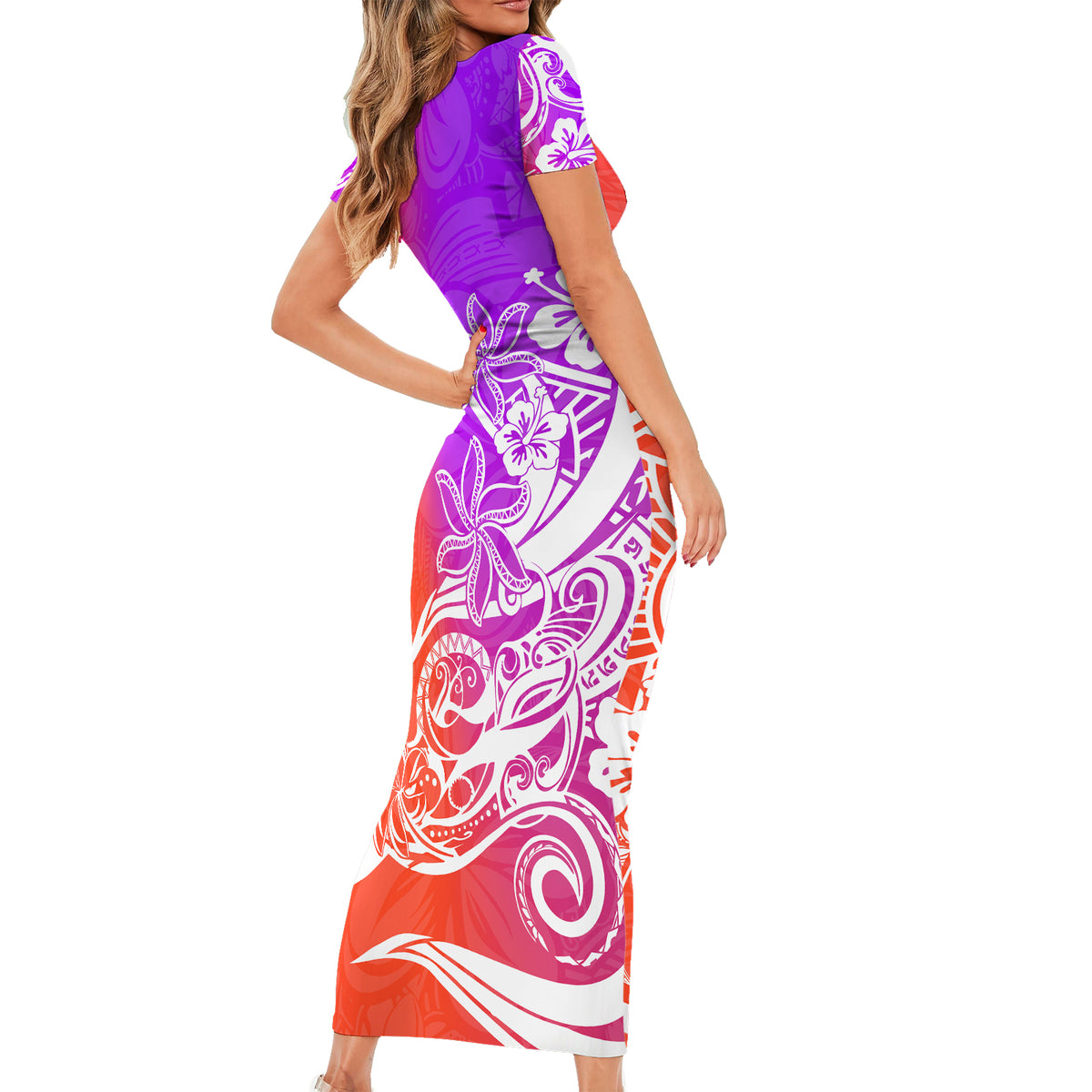 Polynesian Sunset Plumeria Short Sleeve Bodycon Dress Pacific Island Tribal Purple Style LT9 - Polynesian Pride