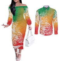 Polynesian Sunset Plumeria Couples Matching Off The Shoulder Long Sleeve Dress and Long Sleeve Button Shirts Pacific Island Tribal Reggae Style LT9 Reggae - Polynesian Pride