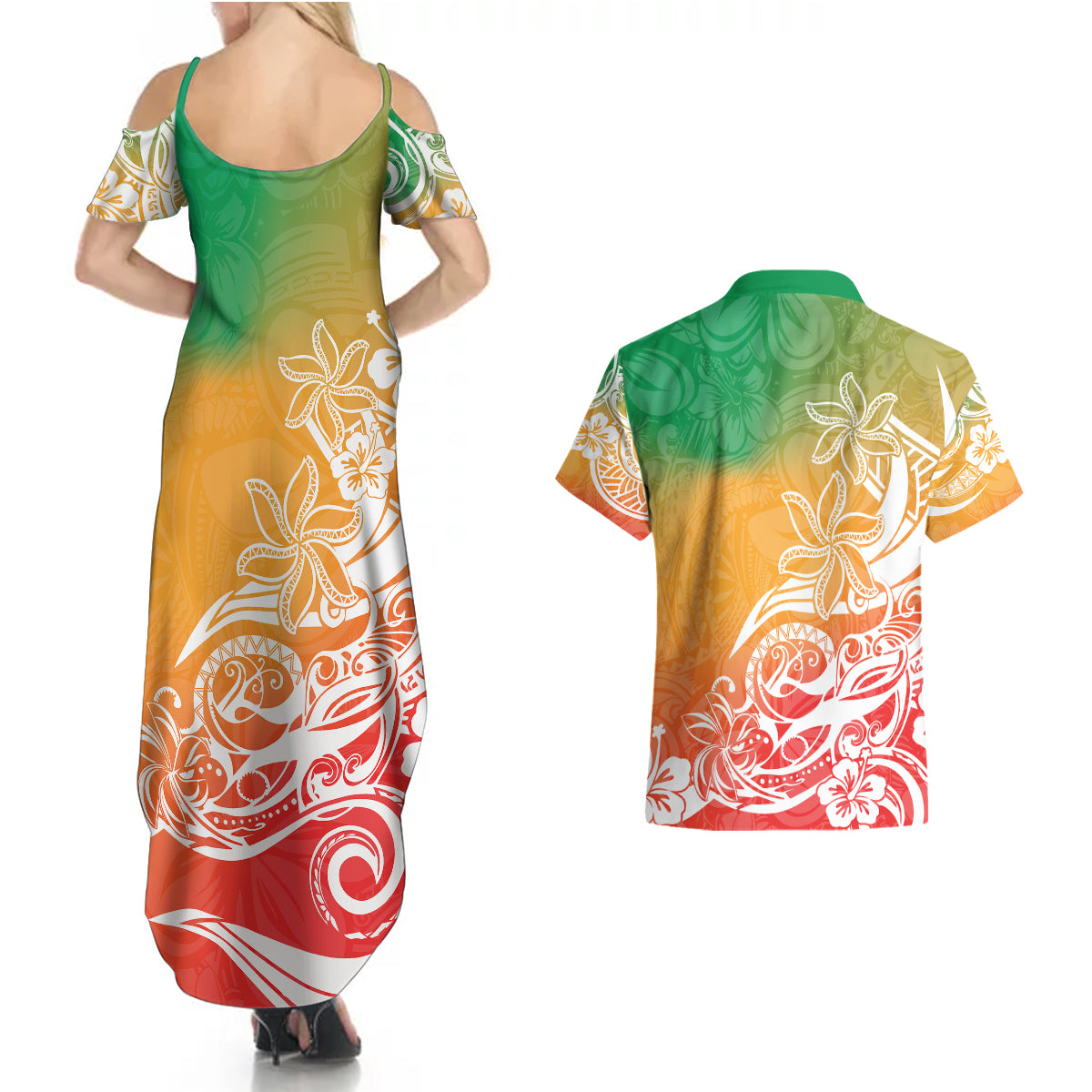 Polynesian Sunset Plumeria Couples Matching Summer Maxi Dress and Hawaiian Shirt Pacific Island Tribal Reggae Style LT9 - Polynesian Pride