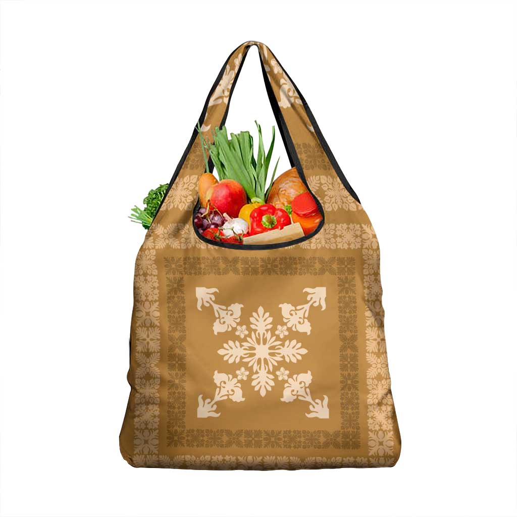 Hawaiian Quilt Block Design Grocery Bag Gold Hawaii Culture Motifs - Polynesian Pride