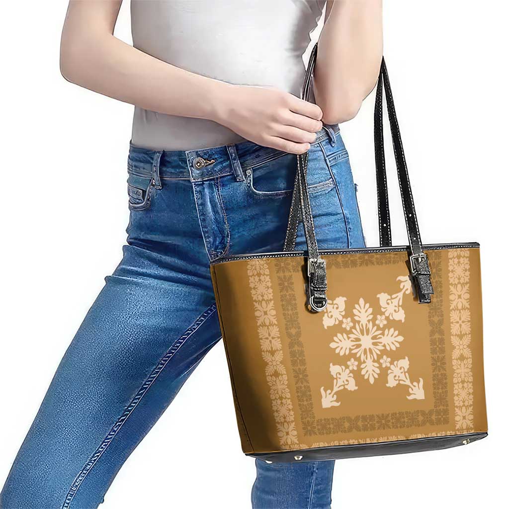 Hawaiian Quilt Block Design Leather Tote Bag Gold Hawaii Culture Motifs - Polynesian Pride