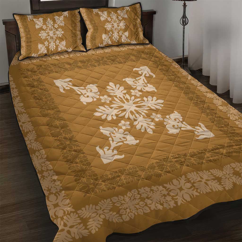 Hawaiian Quilt Block Design Quilt Bed Set Gold Hawaii Culture Motifs - Polynesian Pride