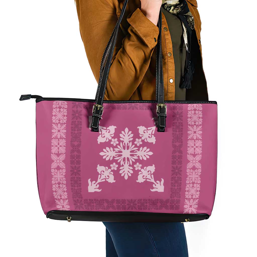 Hawaiian Quilt Block Design Leather Tote Bag Pink Hawaii Culture Motifs - Polynesian Pride