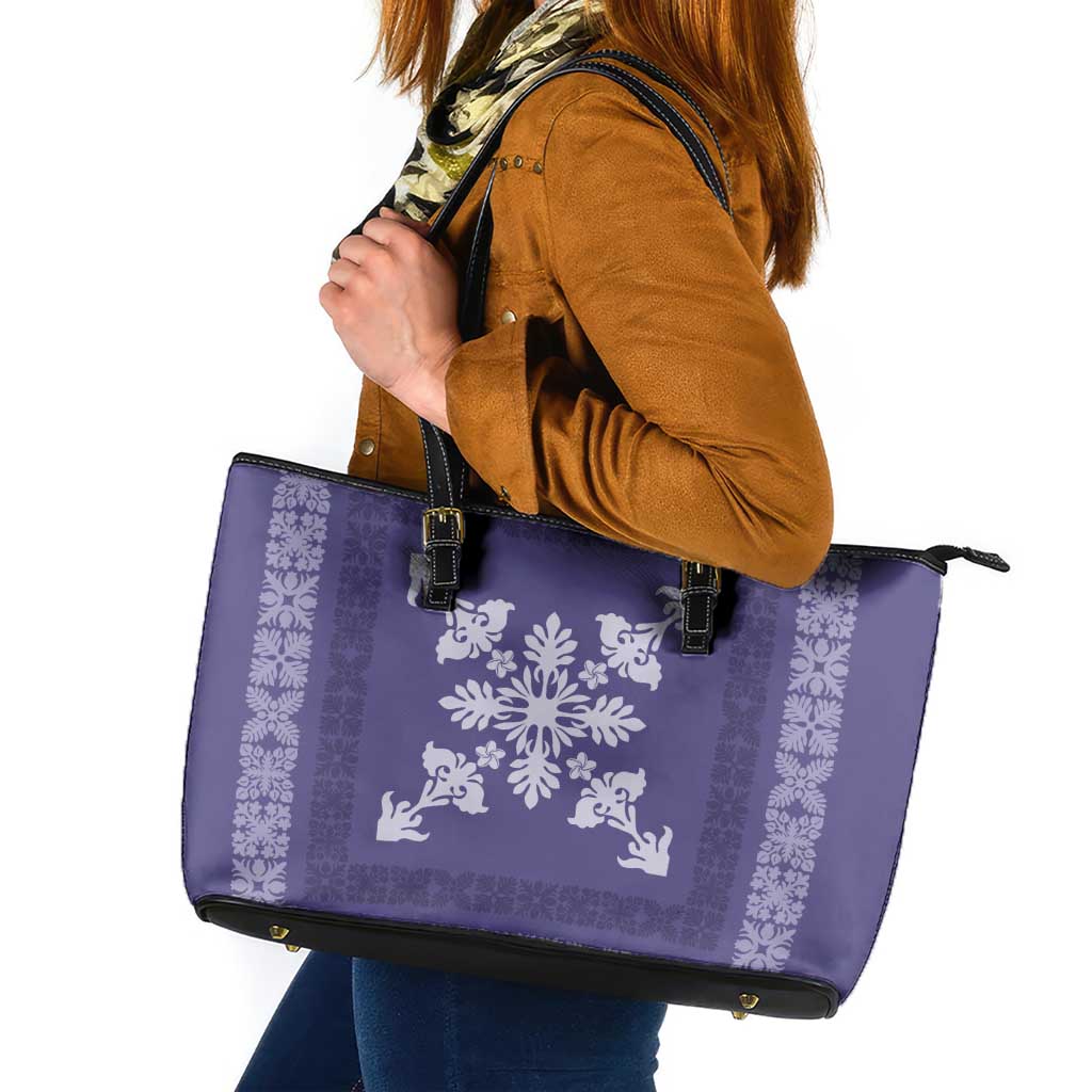 Hawaiian Quilt Block Design Leather Tote Bag Purple Hawaii Culture Motifs - Polynesian Pride