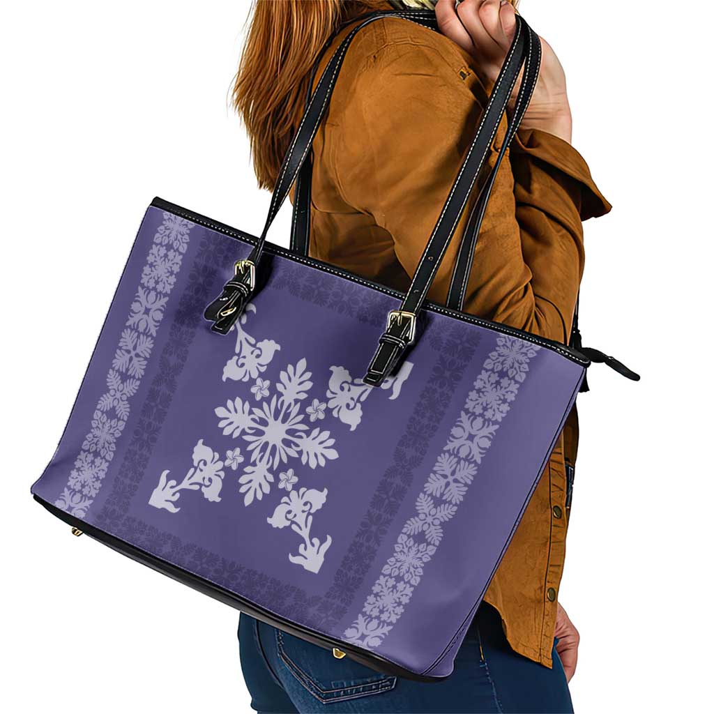 Hawaiian Quilt Block Design Leather Tote Bag Purple Hawaii Culture Motifs - Polynesian Pride