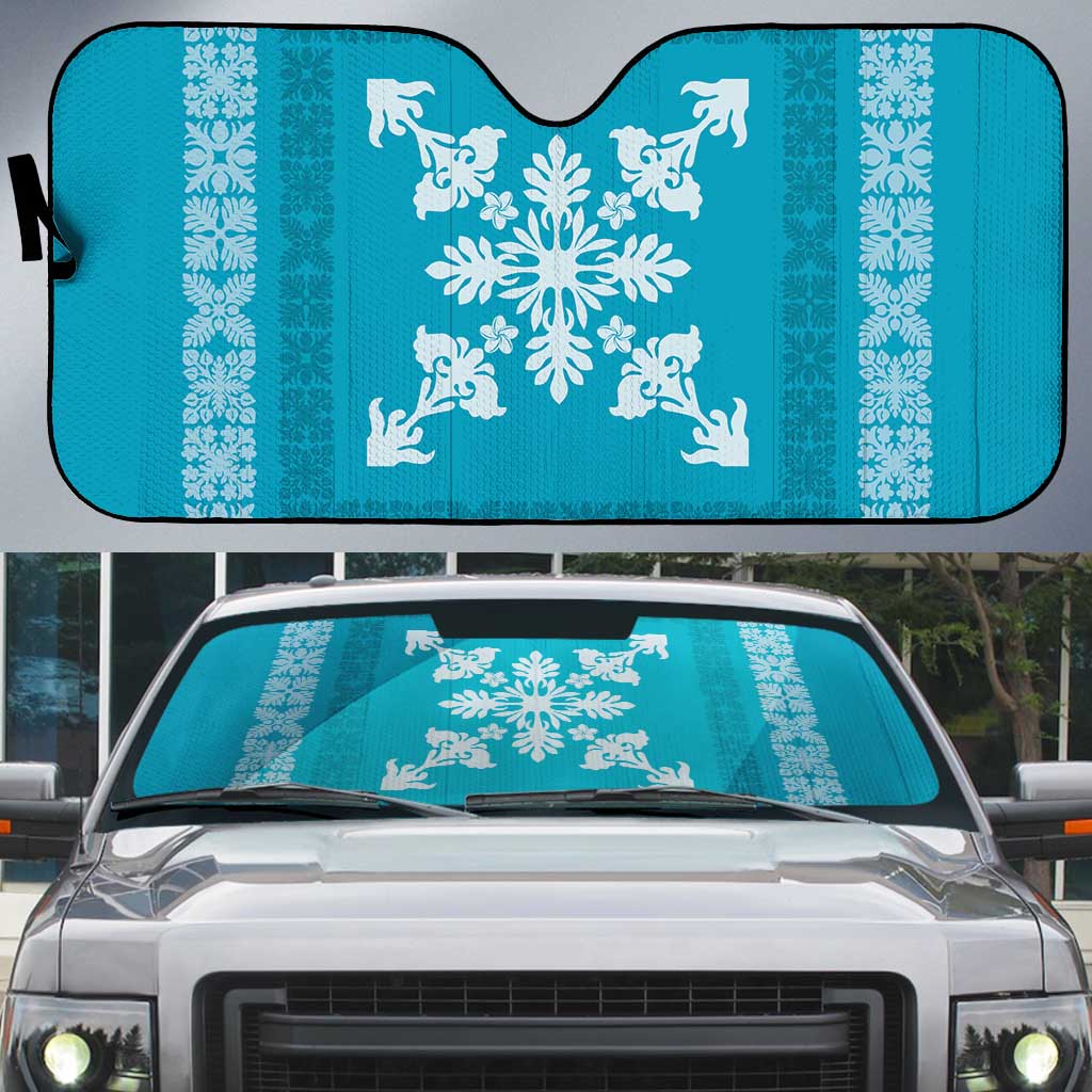 Hawaiian Quilt Block Design Auto Sun Shade Teal Hawaii Culture Motifs - Polynesian Pride