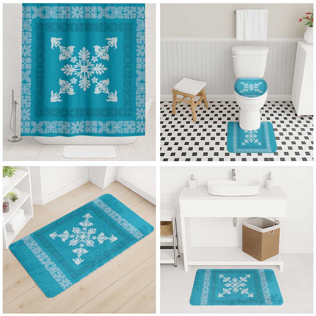 Hawaiian Quilt Block Design Bathroom Set Teal Hawaii Culture Motifs - Polynesian Pride
