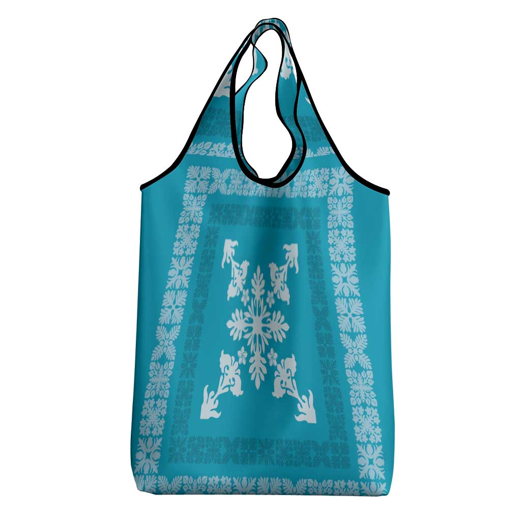 Hawaiian Quilt Block Design Grocery Bag Teal Hawaii Culture Motifs - Polynesian Pride
