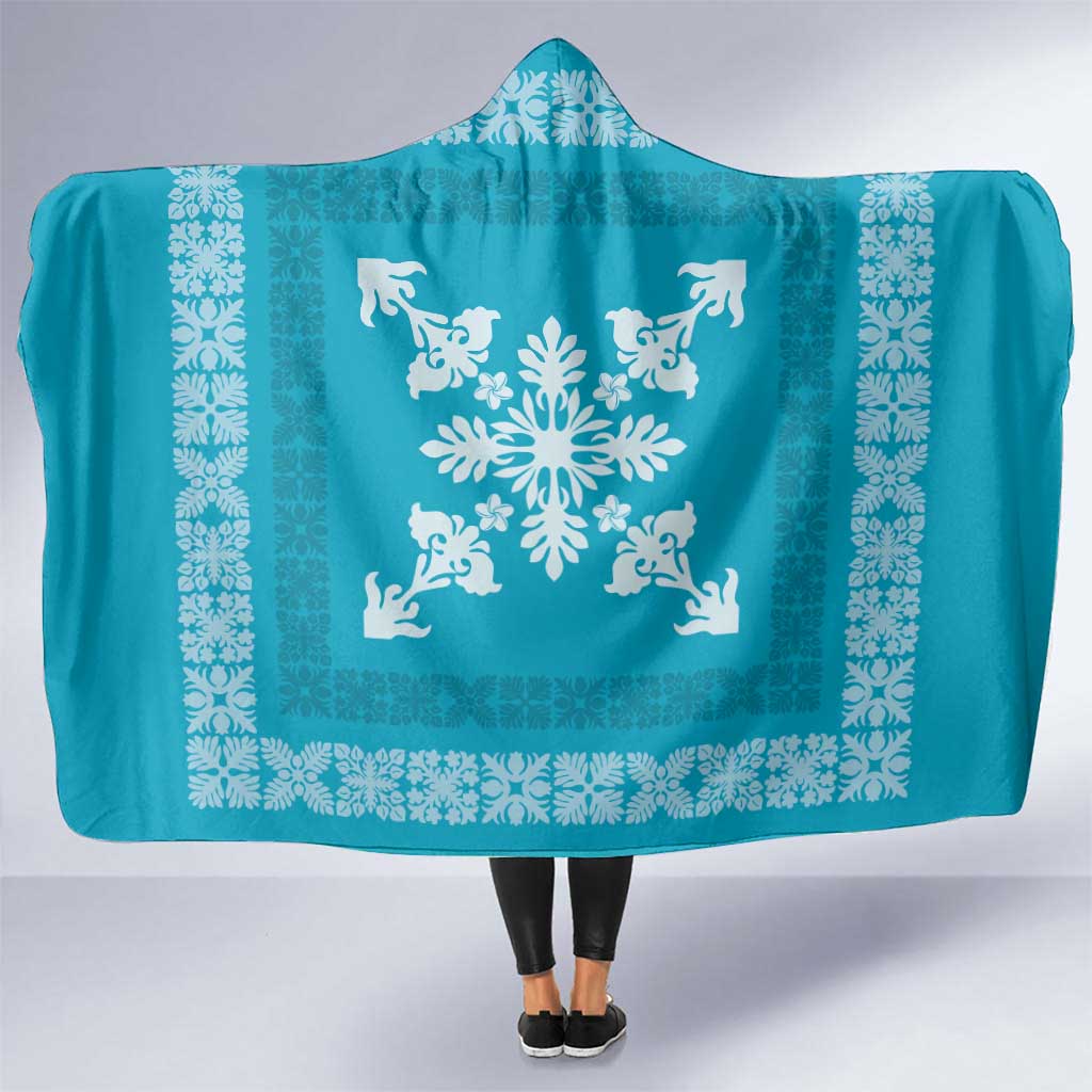 Hawaiian Quilt Block Design Hooded Blanket Teal Hawaii Culture Motifs - Polynesian Pride
