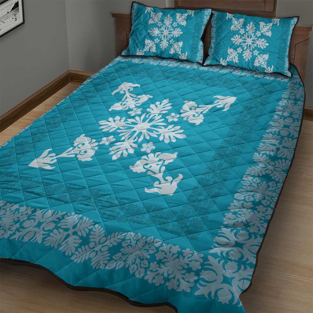 Hawaiian Quilt Block Design Quilt Bed Set Teal Hawaii Culture Motifs - Polynesian Pride