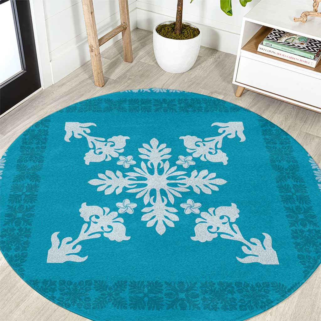 Hawaiian Quilt Block Design Round Carpet Teal Hawaii Culture Motifs - Polynesian Pride
