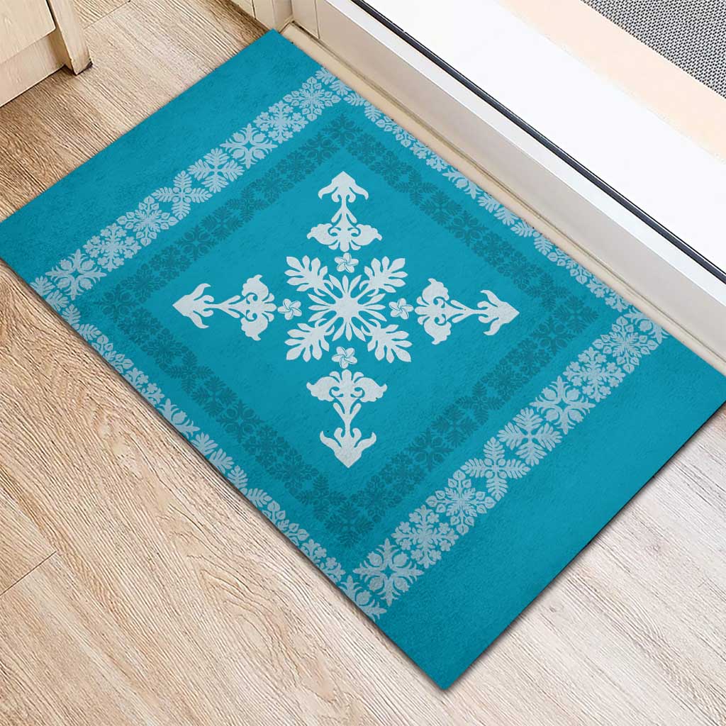 Hawaiian Quilt Block Design Rubber Doormat Teal Hawaii Culture Motifs - Polynesian Pride