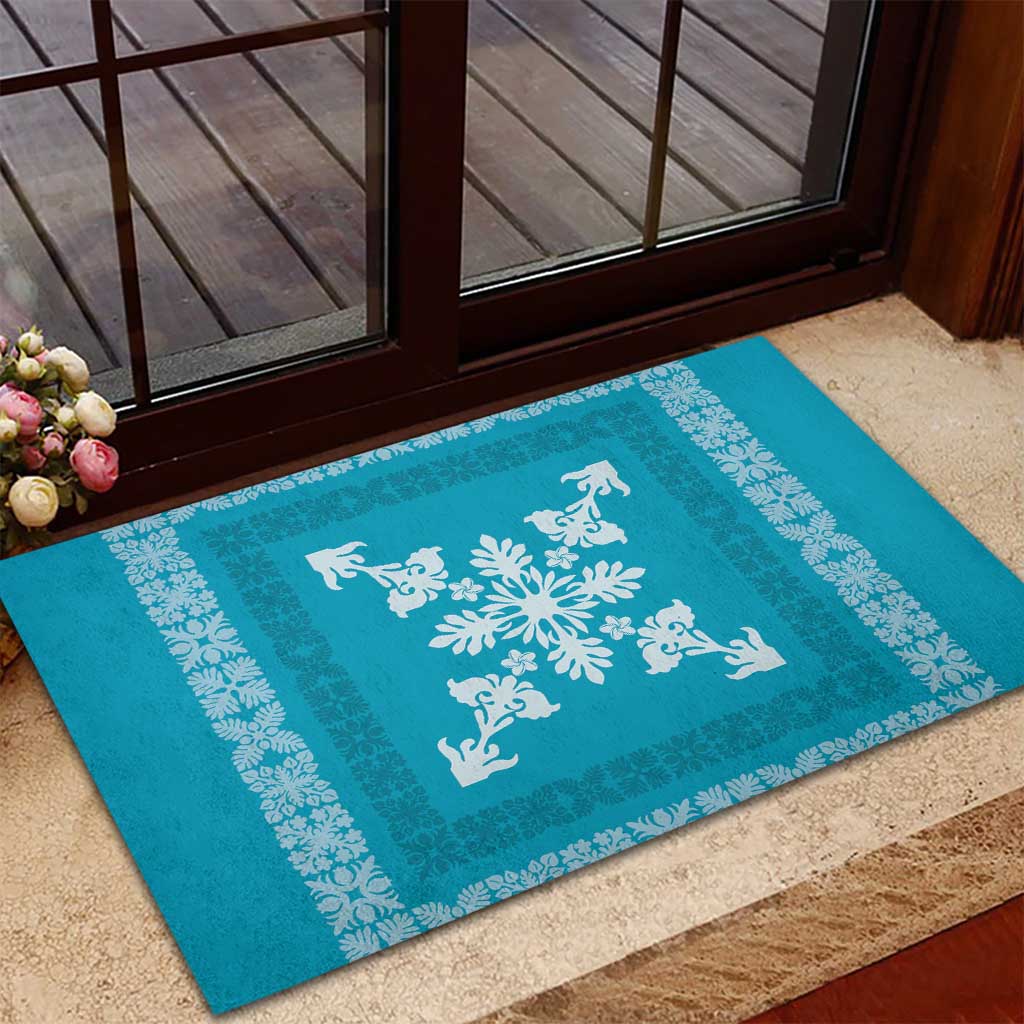 Hawaiian Quilt Block Design Rubber Doormat Teal Hawaii Culture Motifs - Polynesian Pride
