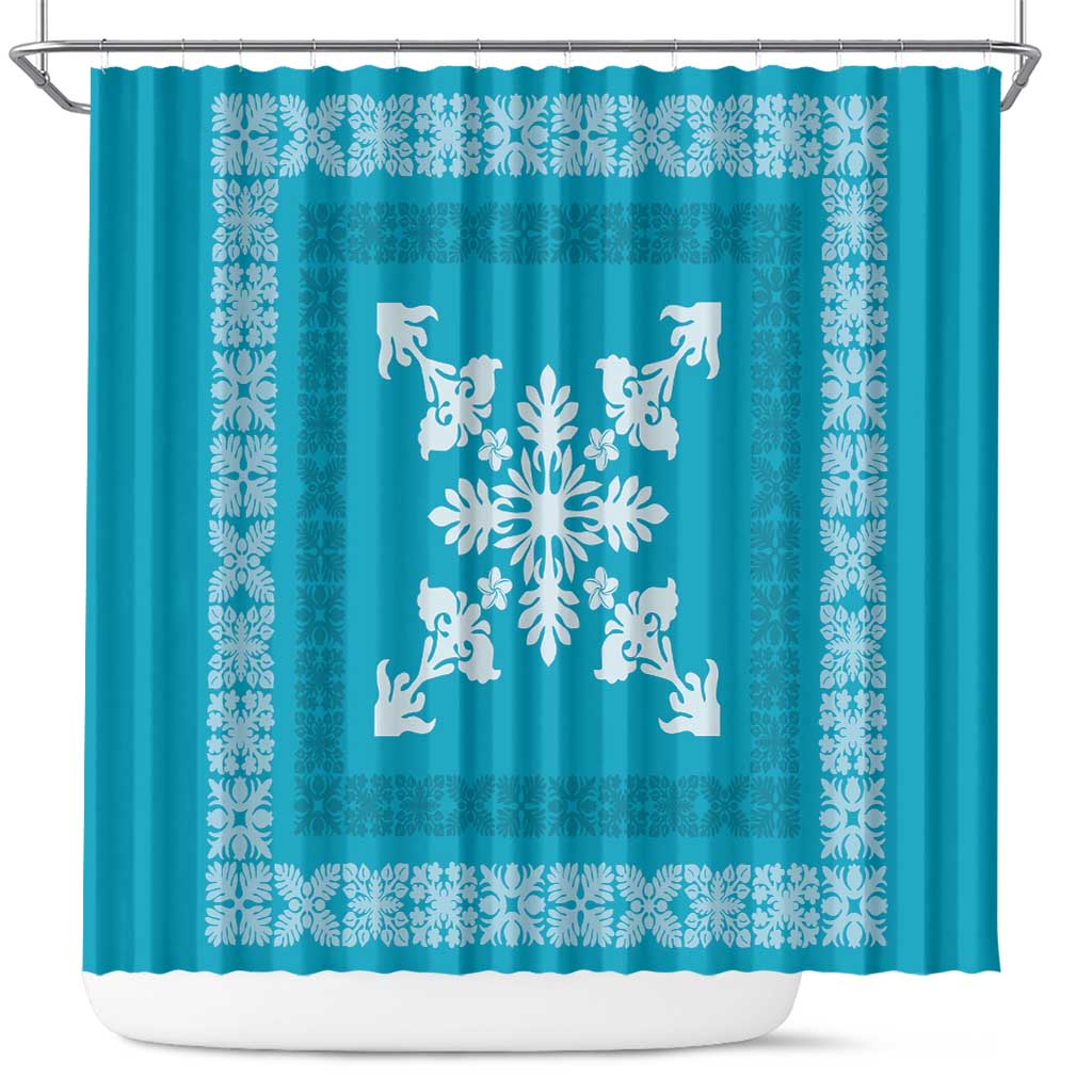 Hawaiian Quilt Block Design Shower Curtain Teal Hawaii Culture Motifs - Polynesian Pride
