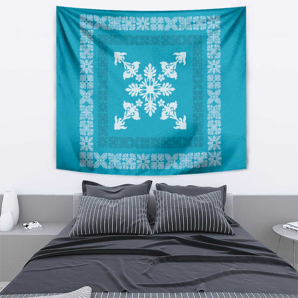 Hawaiian Quilt Block Design Tapestry Teal Hawaii Culture Motifs - Polynesian Pride