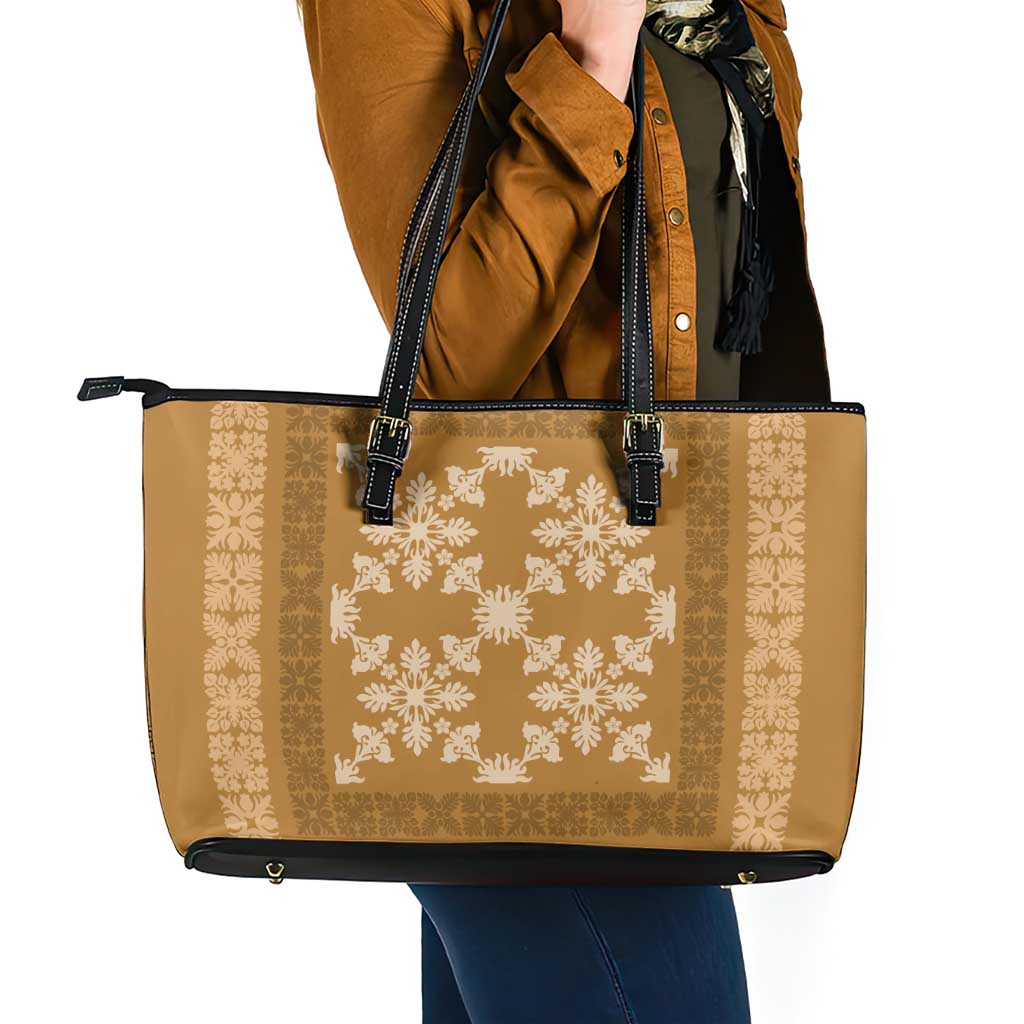 Hawaiian Quilt Pattern Leather Tote Bag Gold Hawaii Culture Tropical - Polynesian Pride