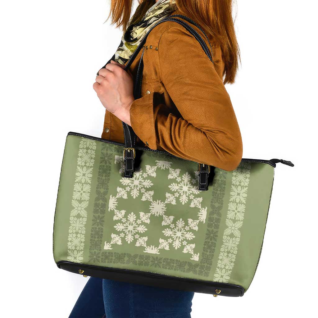 Hawaiian Quilt Pattern Leather Tote Bag Lime Hawaii Culture Tropical - Polynesian Pride