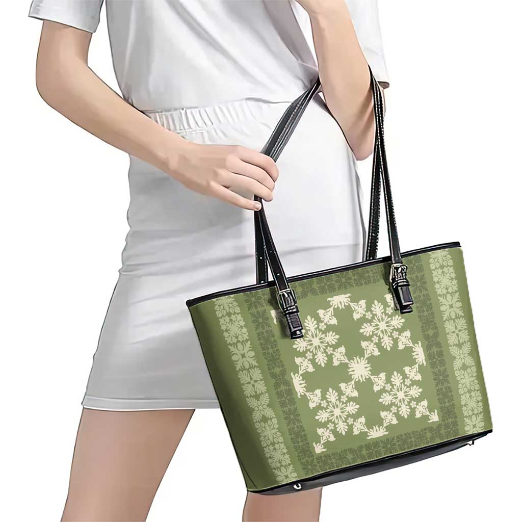 Hawaiian Quilt Pattern Leather Tote Bag Lime Hawaii Culture Tropical - Polynesian Pride