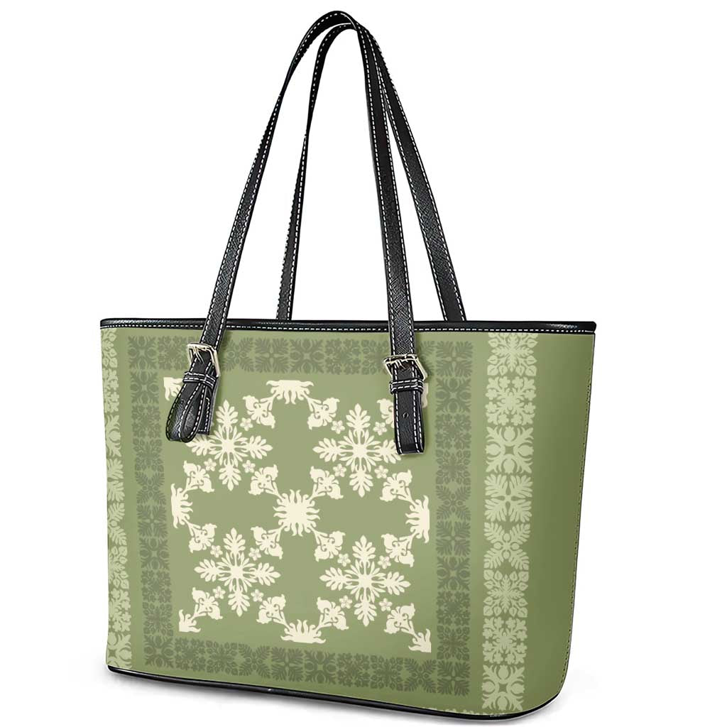 Hawaiian Quilt Pattern Leather Tote Bag Lime Hawaii Culture Tropical - Polynesian Pride