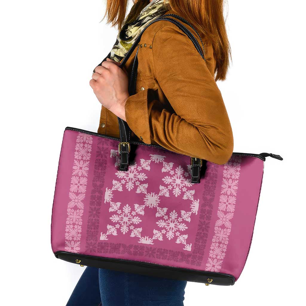 Hawaiian Quilt Pattern Leather Tote Bag Pink Hawaii Culture Tropical - Polynesian Pride