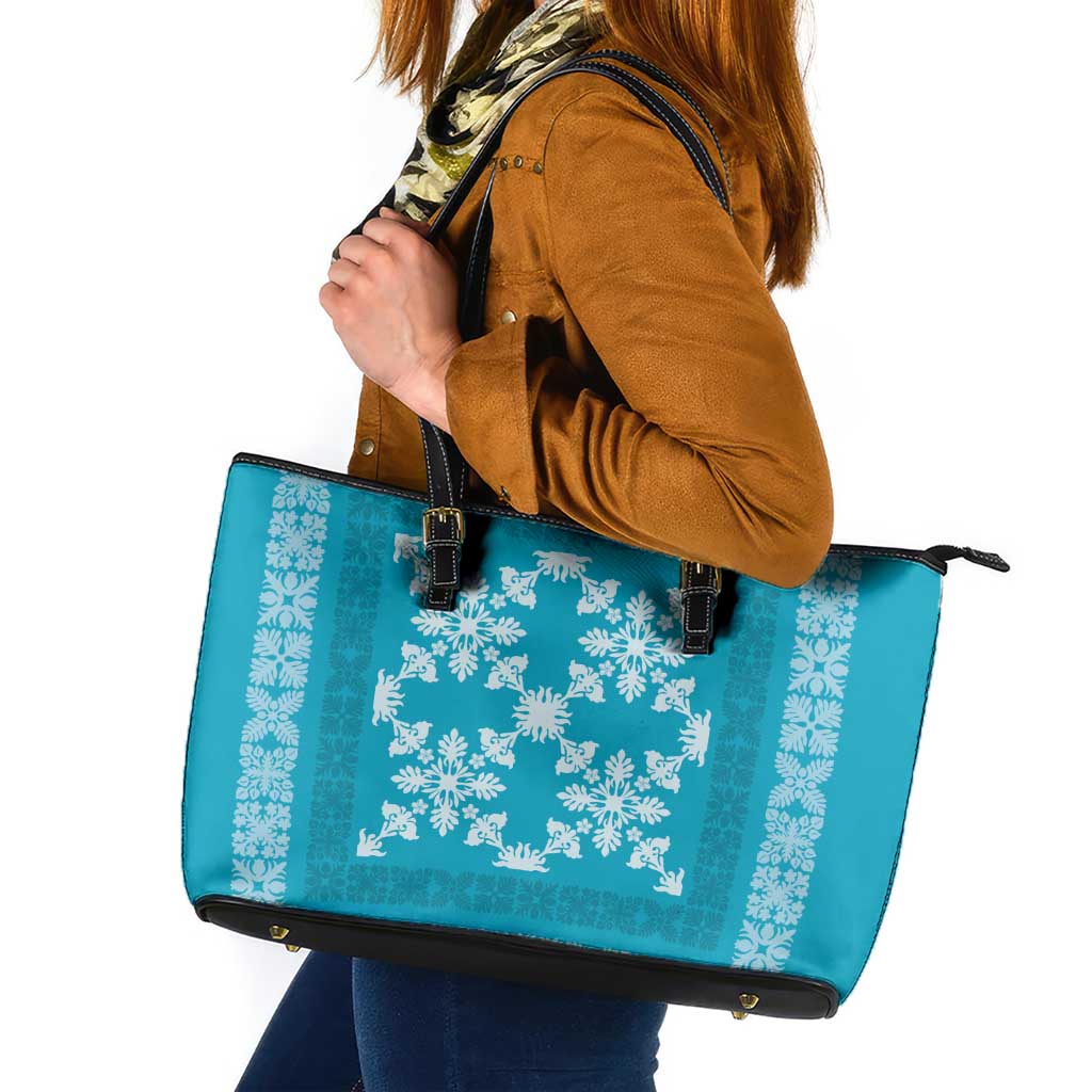 Hawaiian Quilt Pattern Leather Tote Bag Teal Hawaii Culture Tropical - Polynesian Pride
