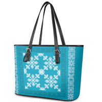 Hawaiian Quilt Pattern Leather Tote Bag Teal Hawaii Culture Tropical - Polynesian Pride