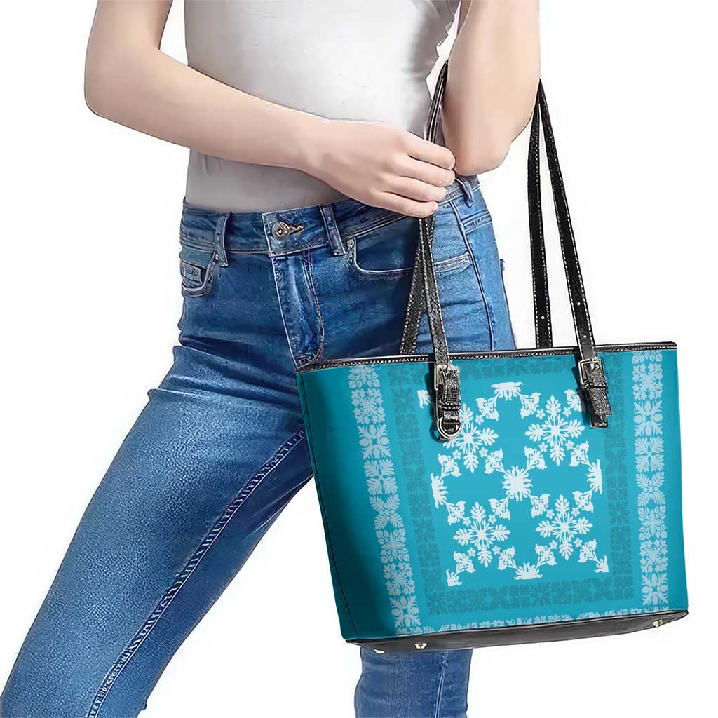 Hawaiian Quilt Pattern Leather Tote Bag Teal Hawaii Culture Tropical - Polynesian Pride