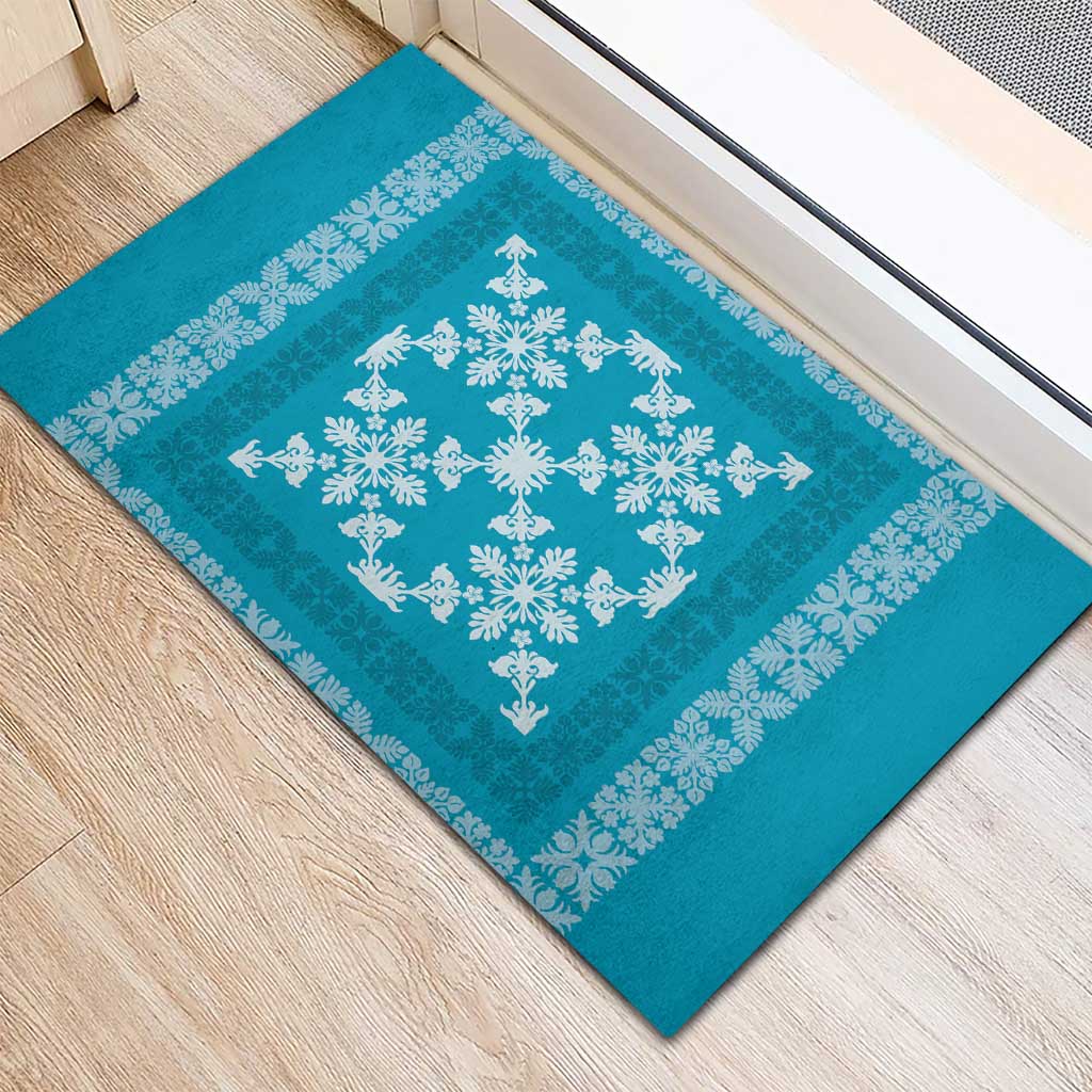 Hawaiian Quilt Pattern Rubber Doormat Teal Hawaii Culture Tropical - Polynesian Pride