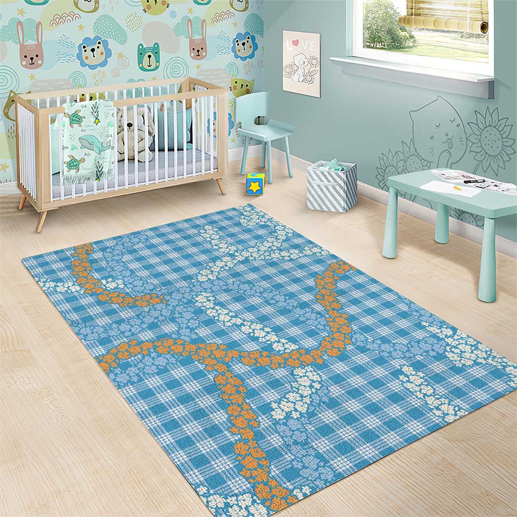 Blue Tropical Floral Palaka Area Rug Hawaiian Quilt Pattern - Polynesian Pride