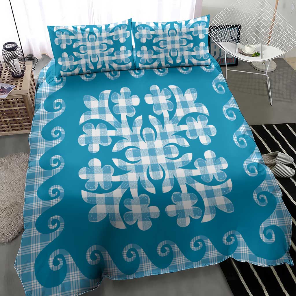 Blue Ulu Palaka Quilt Pattern Bedding Set Hawaii Culture Breadfruit - Polynesian Pride