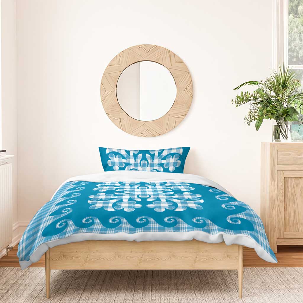 Blue Ulu Palaka Quilt Pattern Bedding Set Hawaii Culture Breadfruit - Polynesian Pride