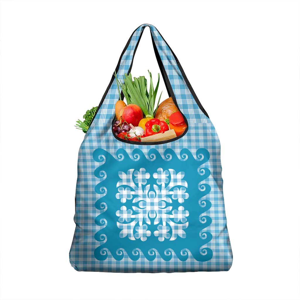 Blue Ulu Palaka Quilt Pattern Grocery Bag Hawaii Culture Breadfruit - Polynesian Pride