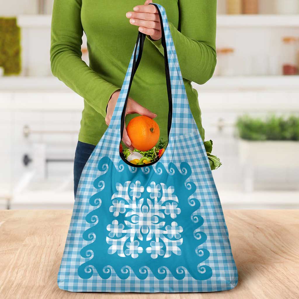 Blue Ulu Palaka Quilt Pattern Grocery Bag Hawaii Culture Breadfruit - Polynesian Pride