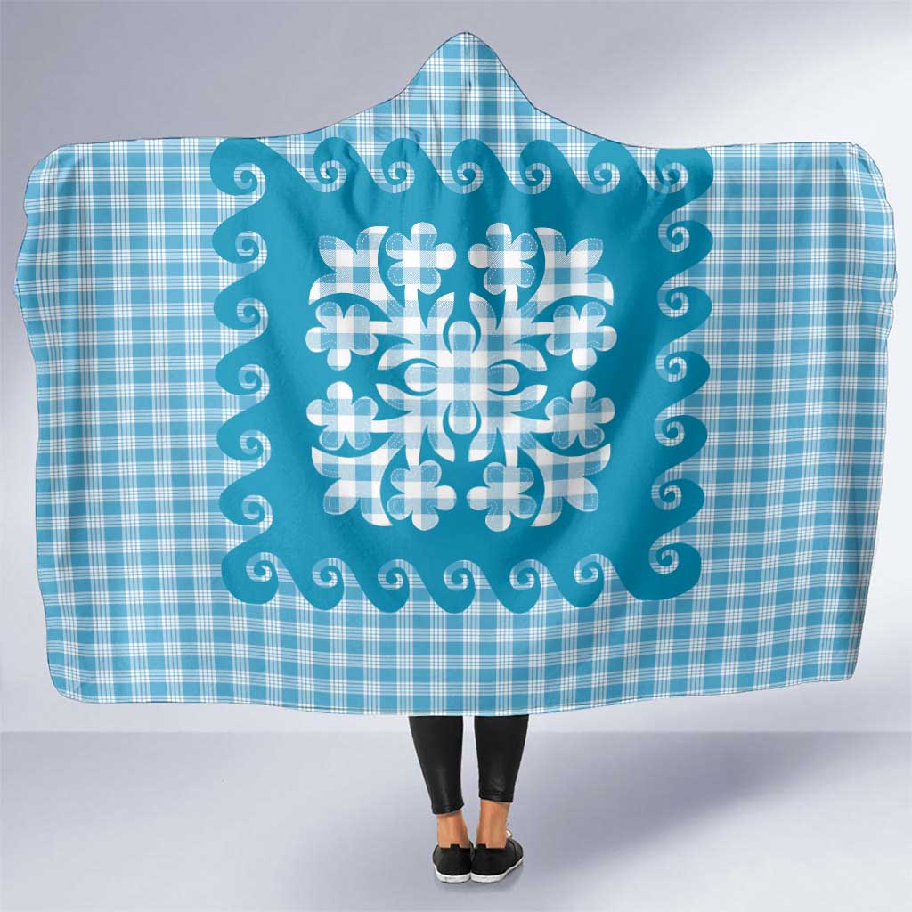 Blue Ulu Palaka Quilt Pattern Hooded Blanket Hawaii Culture Breadfruit - Polynesian Pride