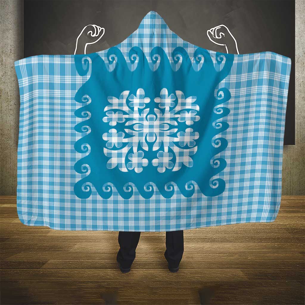 Blue Ulu Palaka Quilt Pattern Hooded Blanket Hawaii Culture Breadfruit - Polynesian Pride