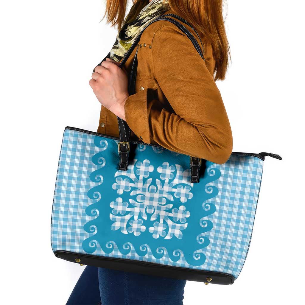 Blue Ulu Palaka Quilt Pattern Leather Tote Bag Hawaii Culture Breadfruit - Polynesian Pride