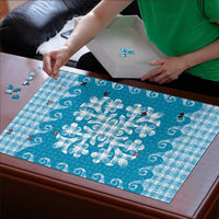 Blue Ulu Palaka Quilt Pattern Puzzle Hawaii Culture Breadfruit - Polynesian Pride