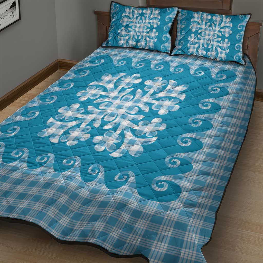 Blue Ulu Palaka Quilt Pattern Quilt Bed Set Hawaii Culture Breadfruit - Polynesian Pride