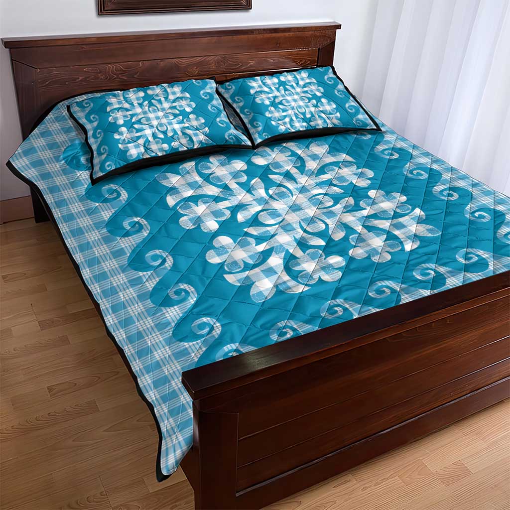 Blue Ulu Palaka Quilt Pattern Quilt Bed Set Hawaii Culture Breadfruit - Polynesian Pride